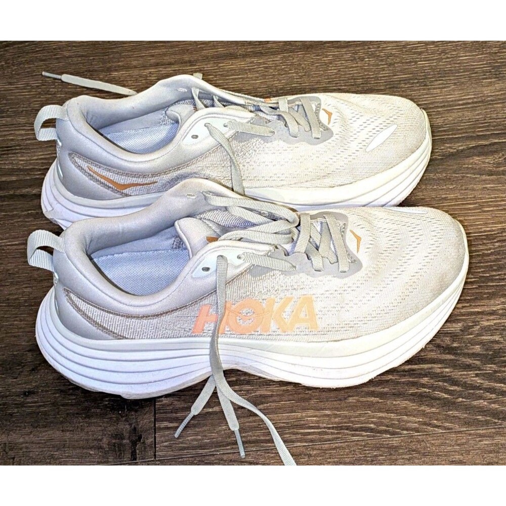 HOKA Bondi 8 Women's Running Shoes/Beige & Orange/ Mesh Low Top Lace-Up/Size 9D